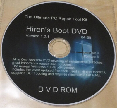 Hiren's Boot Disc für Computer Wiederherstellung Reparatur & Reparatur Windows 7 8 10 DVD NEU
