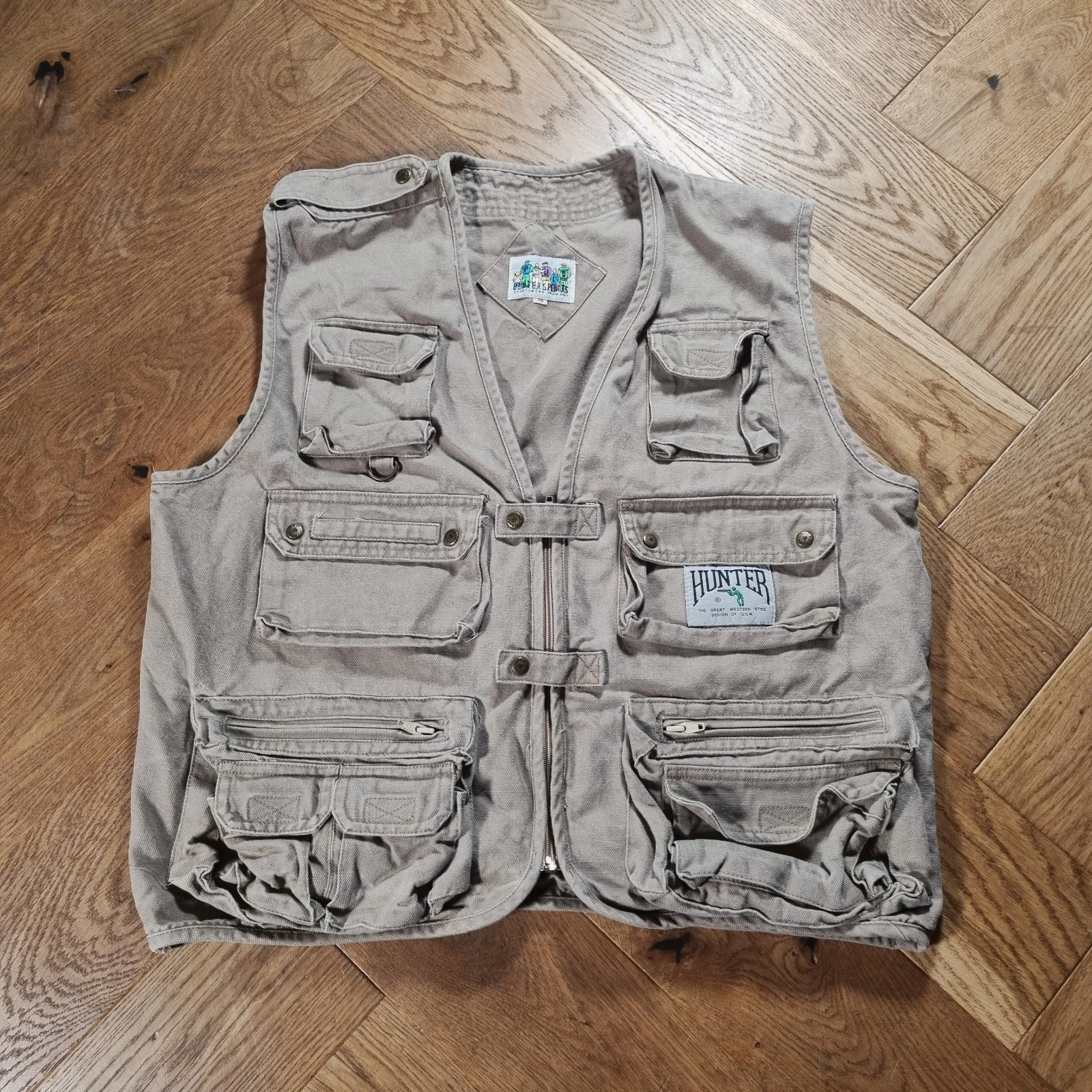 Hunter Sports Mens Utility Vest Hunting Fishing Vest Size L Multi Pocket Beige