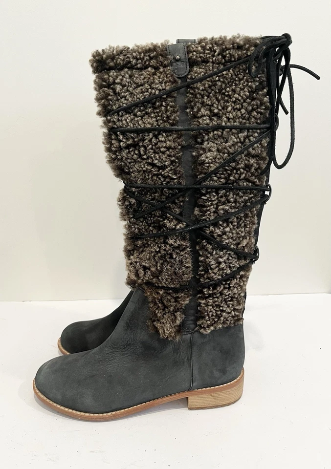 Anthropologie Matt Bernson Women Gray Leather Alpenglow Shearling Shaft Boots 7 - Image 4 of 4