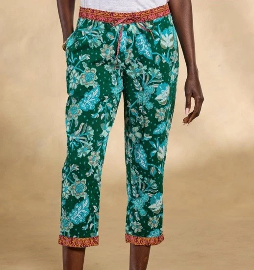 NEW Sundance Catalog Women LEIA JADE TEAL Floral Cotton Pull-On Boho Pants M