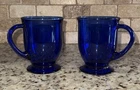 Vintage Anchor Hocking Coffee Tea Cafe Mugs Cobalt Blue Glass Footed Set 2
