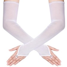 Women's Long Fingerless Sheer Gloves Tulle Mesh Gloves for Wedding Bridal White