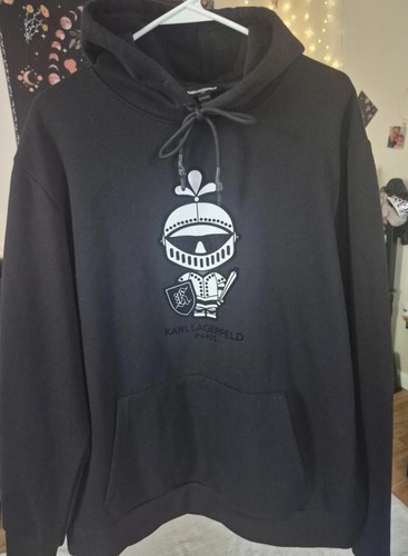 Karl Lagerfeld Paris Women's XL Black Pullover Fleece Logo Hoodie Pockets MPN
