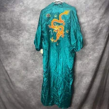 Golden Dragon Silk Robe Kimono Embroidered Size L Jade Emerald Green Chinese