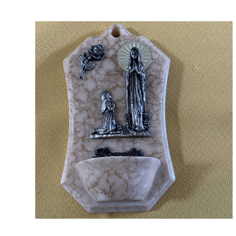 Holy Water Font Virgin Mary Child Religious Figures Marble Pattern Wall Mount
