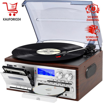9-in-1 Plattenspieler Vintage Bluetooth CD Kassette AM FM USB SD Aux RCA Silber