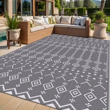 Gray Waterproof 5x8 Outdoor Indoor Plastic Straw Area Rug For Patio RV Clearance