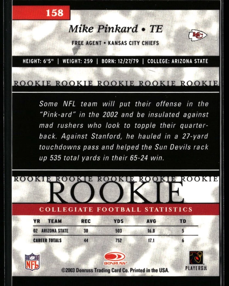 Mike Pinkard 2003 Donruss Elite #158 #/500 Rookie Kansas City Chiefs - Image 2 of 2