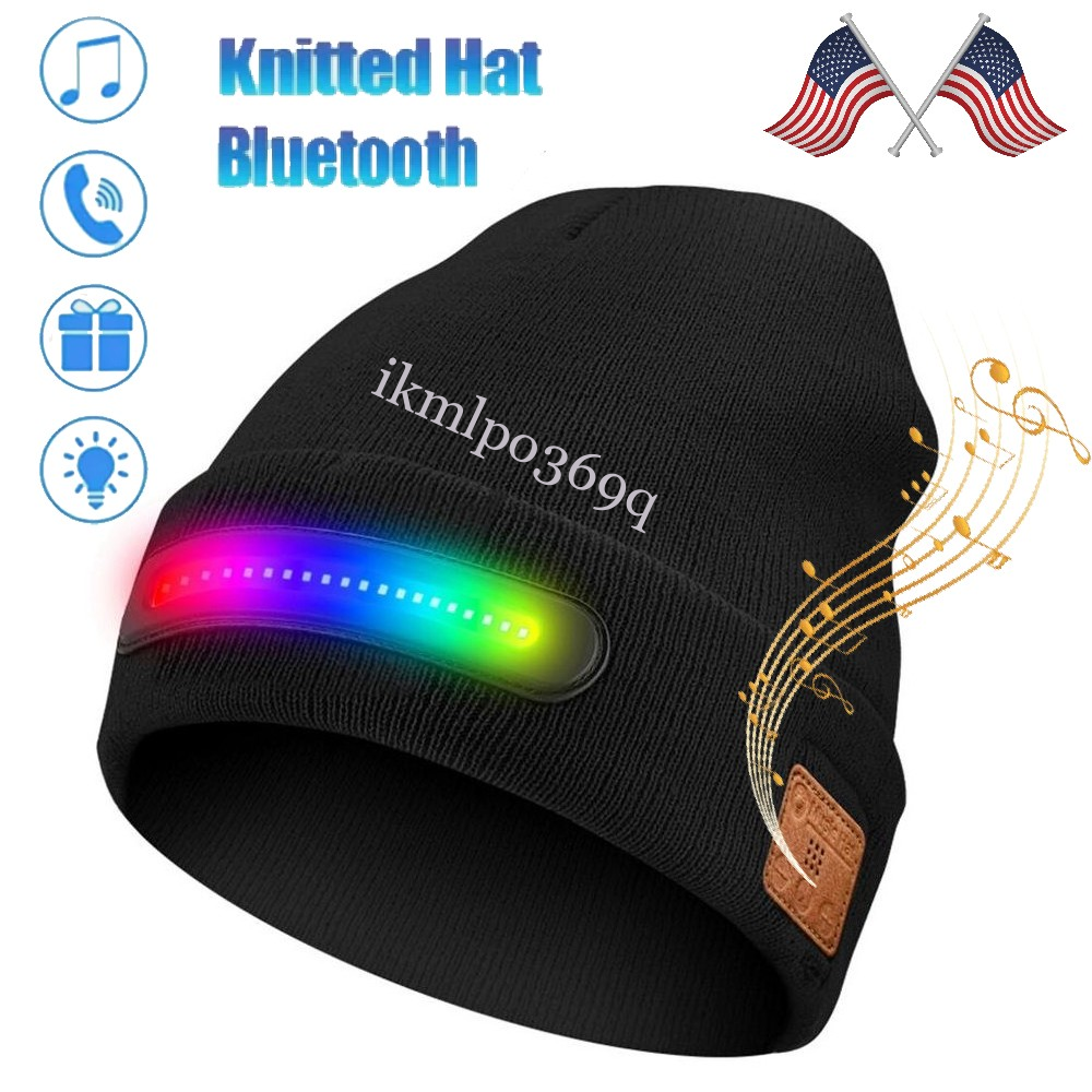 Bluetooth RGB LED Beanie Hat with Music Speakers Mic Rechargeable Cap Head Lamp