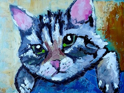 Original Oil Painting Striped Cat Portrait Animal Kitty Artwork  8x6 inches