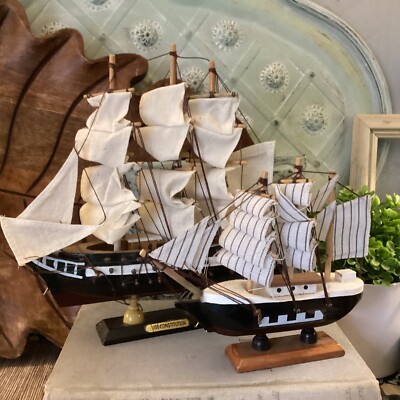 Wooden Model Ship 1797 U.S.S. Constitution On Wooden Display And Schooner As Is