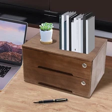 2-tiers Lockable Wooden Desktop Storage Box With Curved Handle+4 Keys For Office