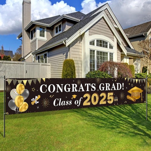 2025 Graduation Decorations Congrats Grad Class of 2025 Banner - Black and Gold