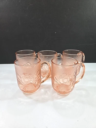 Arcoroc Rosaline Pink Glass Mug Set of 5 Rose Motif Cristal France Lot