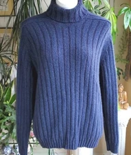 Avon Celli Chunky Multi Ply 100% Cashmere Blue Ribbed Turtleneck Sweater Sz L