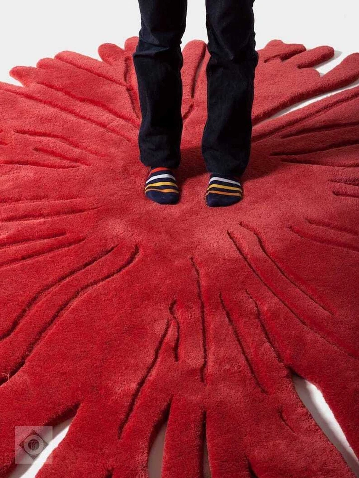 Alfombras de pulpo 6x6 personalizadas de lujo acolchadas a mano 100 % lana rojas irregulares Foto 4 de 4