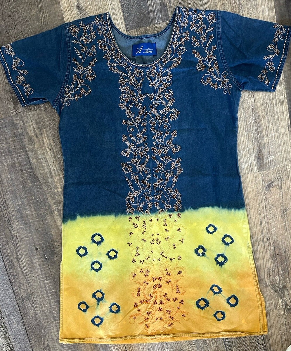 blue and yellow tie dye dress A Line Artsy All Over Embroidered & Tie-dye Dress, Small •flaw 100% ramie