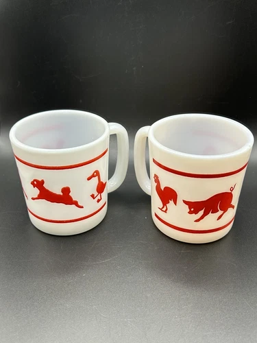 2 Vintage Hazel Atlas Milk Glass Child's White Mug w/ Red Farm Animals