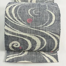 Nagoya Obi Pongee Silk Fabric Navy Blue Flowing Water Pattern Used 354cm