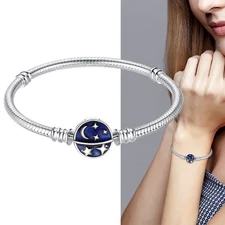KUNSIR 925 Sterling Silver Blue Starry Sky CZ Bracelet Chain For Women Jewelry