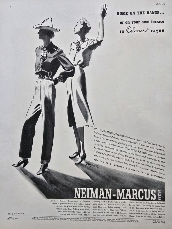 1938 Women's Home on the Range western clothing Neiman Marcus vintage Art Ad 