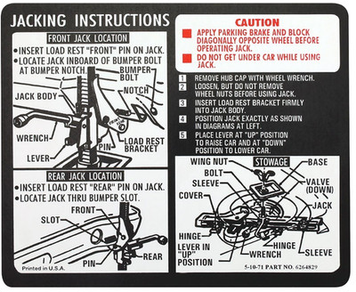 Jack Instructions Decal For 1972 Chevy Chevelle Dated 5-10-71 GM# 6264829