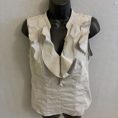 Loft women's sleeveless taupe and white gingham ruffled blouse, V-neck - M