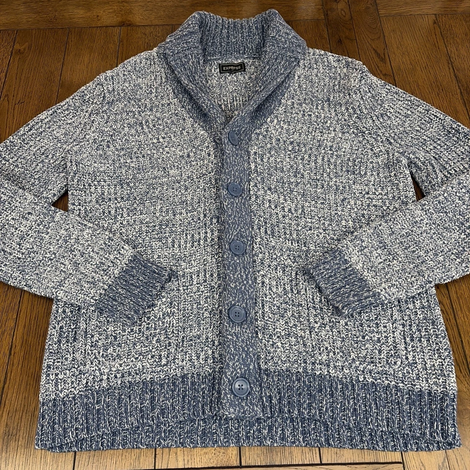 Cárdigan chal grueso Express para hombre botones azules Academia Heritage preppy talla L Foto 2 de 4