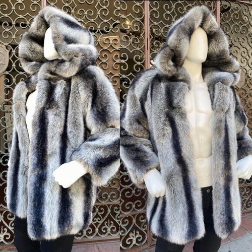 Men's Grey Black Faux Fur Hooded Jacket 