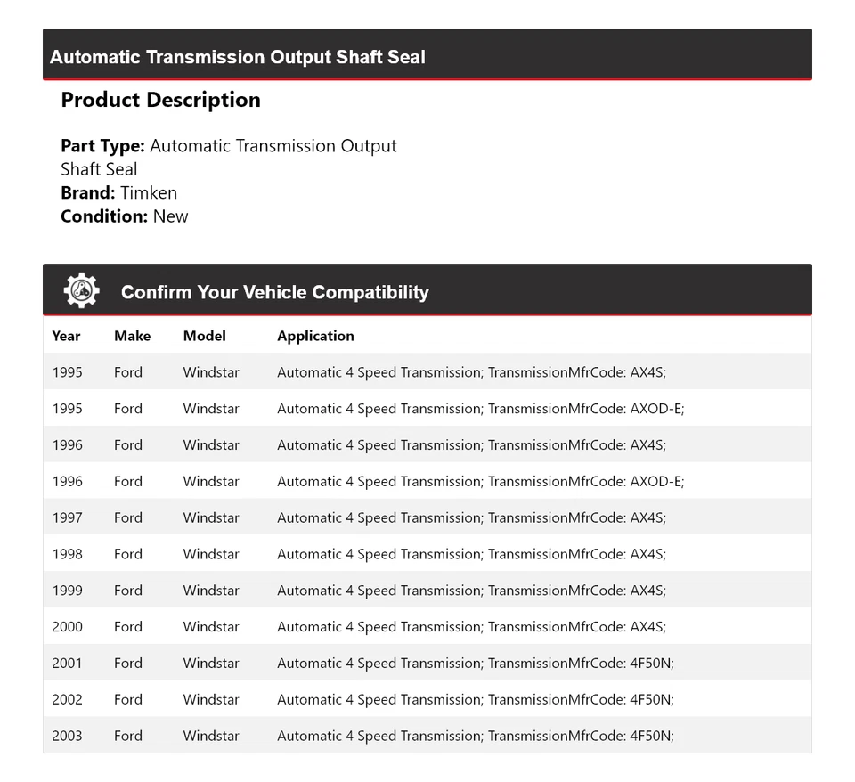 Sello de eje de salida de transmisión automática para Ford Windstar 1995-2003 Timken 1996 Foto 2 de 4