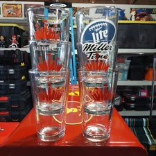 Set Of 6 Drinking Glasses 5 Budweiser & 1 Miller Time/Fox NFL Sunday 12 Ounces