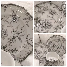 222 Fifth ADELAIDE 8 pc DINNER SALAD PLATES ANTIQUE WHITE Toile Bird Floral NEW
