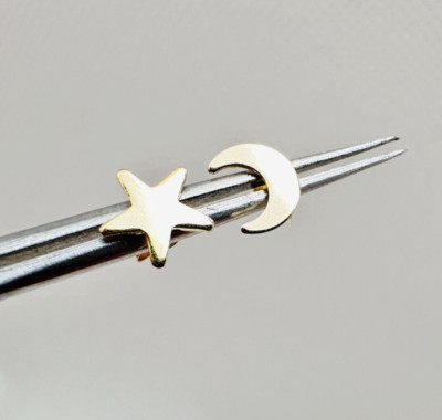 14K massive Gelbgold Halbmond Mond & Stern Mini/Petite Ohrstecker