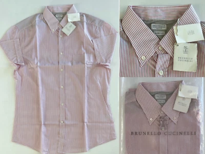 Brunello Cucinelli Homme de Luxe Chemise Coton Popeline Manches Courtes Neuf XXL - Photo 1/4