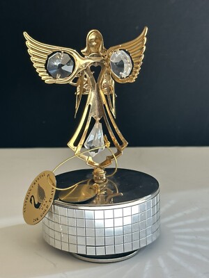 Vtg Angel Music Box USA 24k Gold Plated Austrian Crystals Mascot