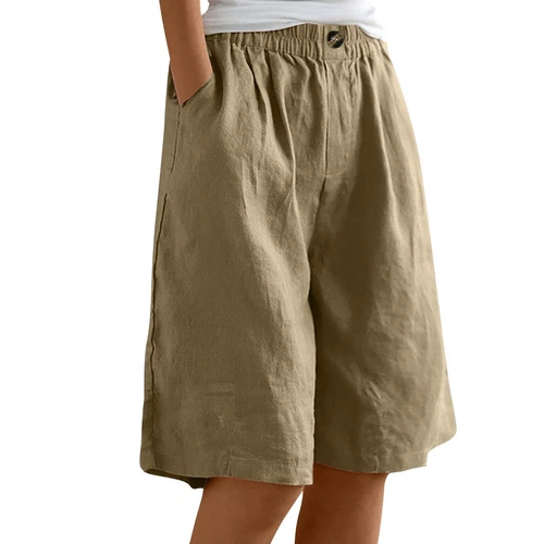 Pantalones cortos para mujer color liso bolsillo abotonado capris cintura elástica sueltos - Imagen 56 de 66