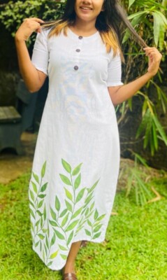 Women's Linen Wavy Ban Sleeves Sri Lanka Traditional Hand Painted White  Dress | eBay