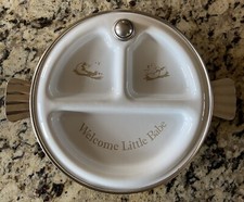 Vintage Eureka Baby Food Warmer Plate Dish Enamel Chicks Welcome Little Babe