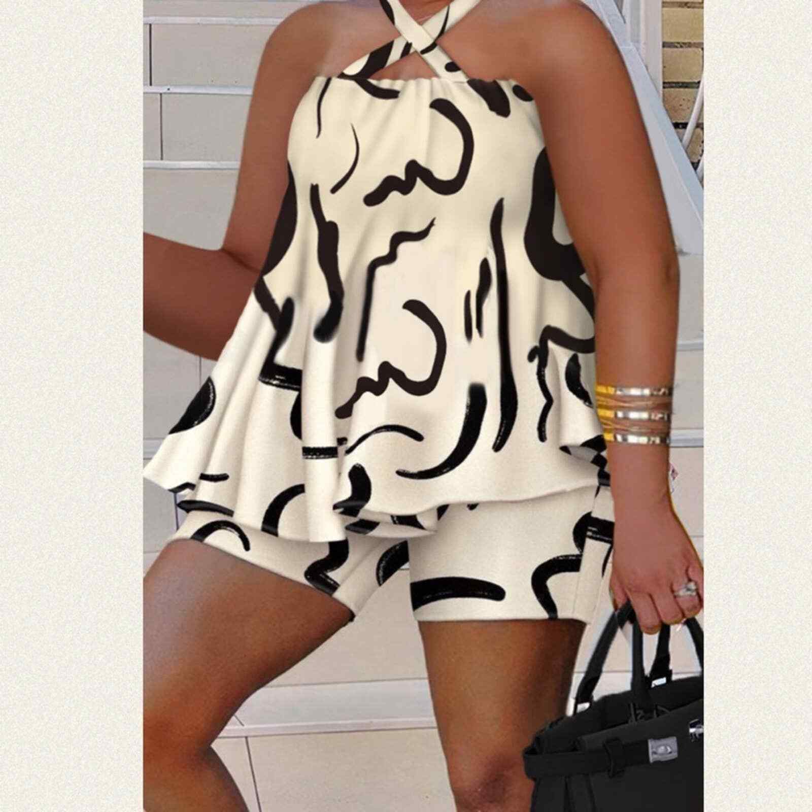 NEW 2pc Plus Size Vacay Outfit Set Halter Neck Backless Top