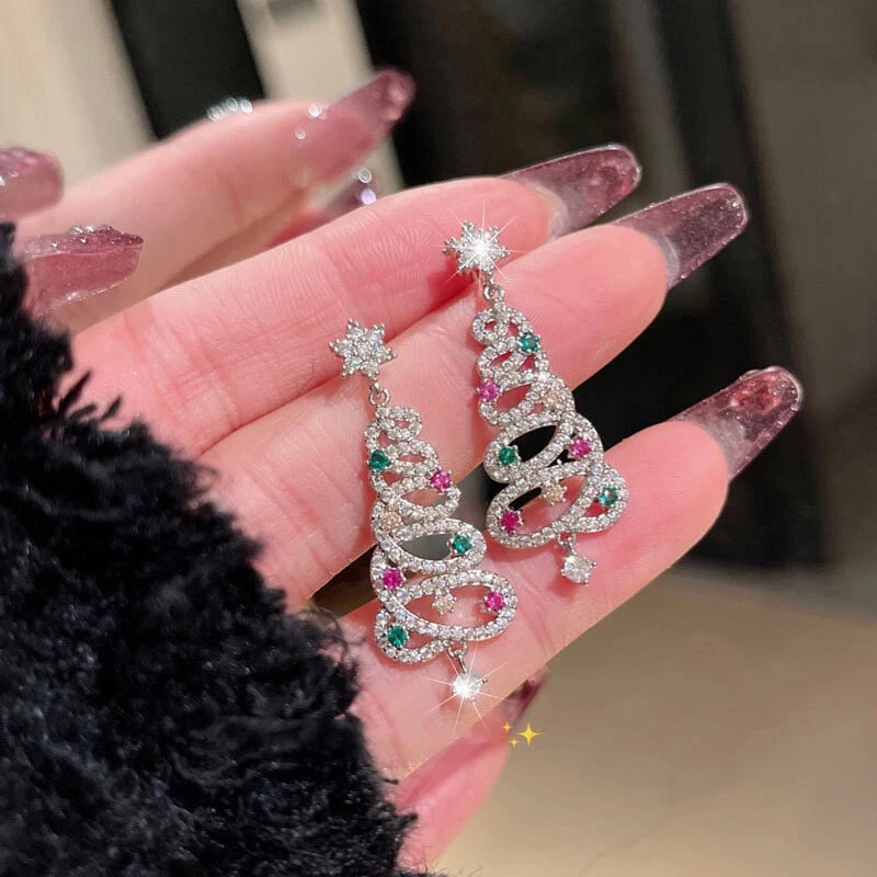 Women s 925 Silver Crystal Christmas Tree Earrings Drop Dangle