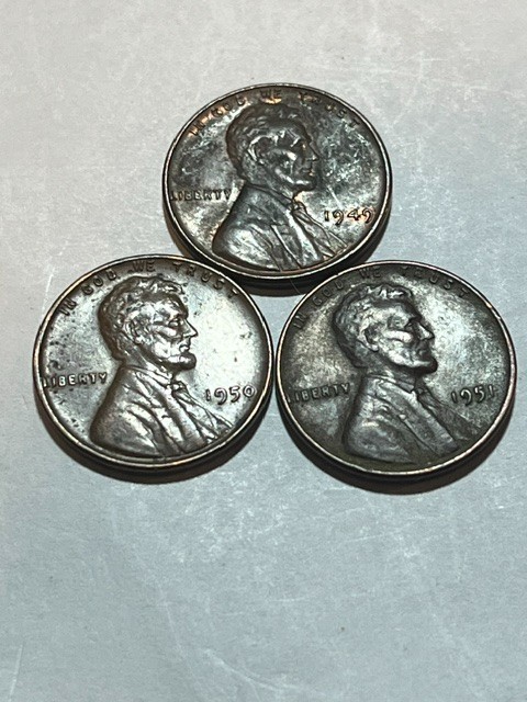 1949 P 1950 P 1951 P Circulated Lincoln Wheat Cent Penny Set- Actual Coins