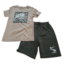 Nike All In 2 Piece T-Shirt Shorts Outfit Set Boy SZ S 8/10 Green Brown