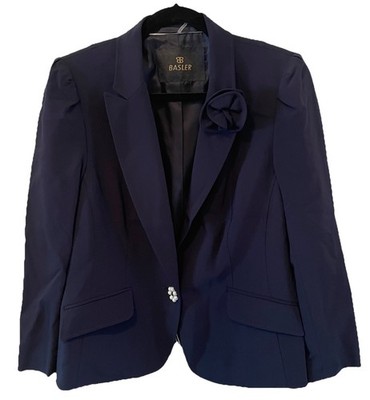 Basler Navy Blue Blazer Jacket Pearl Flower Button Floral Accent Size EU 42