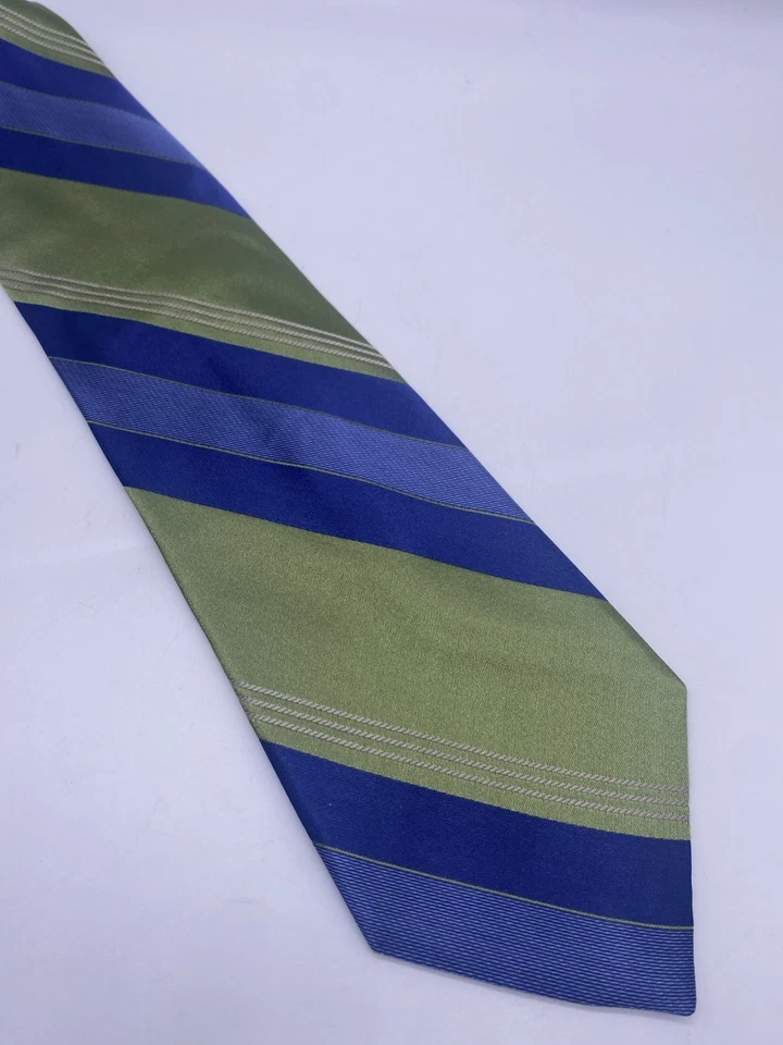 Corbata Merona Azul Verde Seda Diagonal Repp Rayas Preppy Y2K Carrera Invitada de Boda Foto 2 de 4