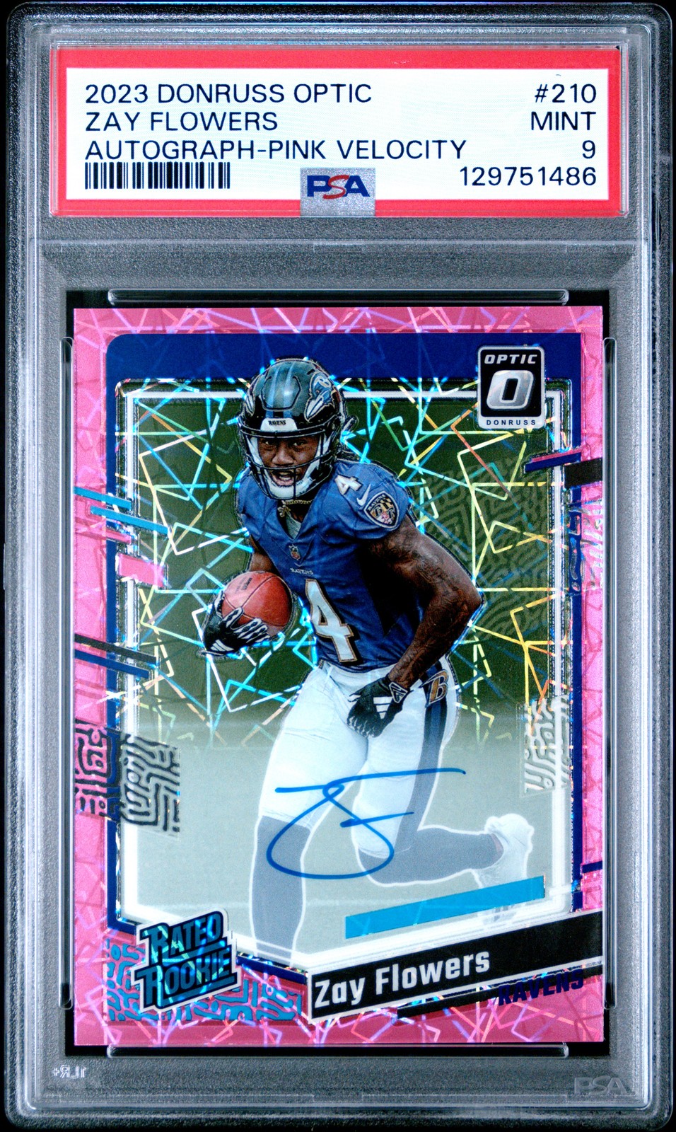 2023 PANINI DONRUSS OPTIC AUTO-PINK VELOCITY #210 ZAY FLOWERS 23/50 PSA 9