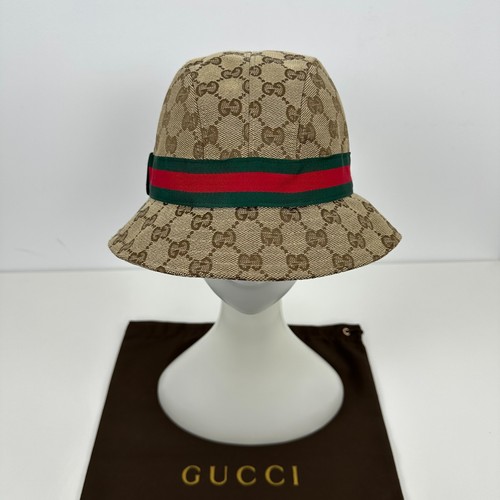 Gucci GG Monogram Logo Web Stripe Cotton Canvas Bucket Hat Cap Head Beige Size S - Picture 2 of 9