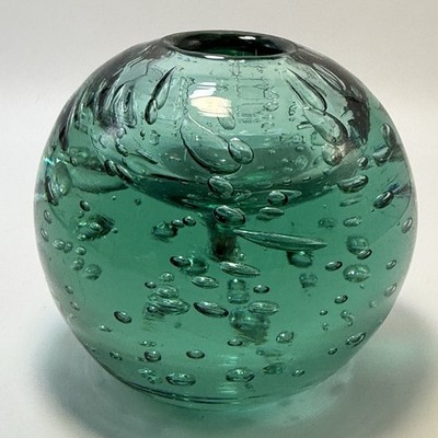 Vintage Ink Well Paperweight Bullicante Art Glass Green Vase Controlled Bubbles