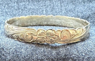 Vintage Sterlingsilber 925 Hawaii Erbstück Blume Schnörkel Baby Armreif Armband