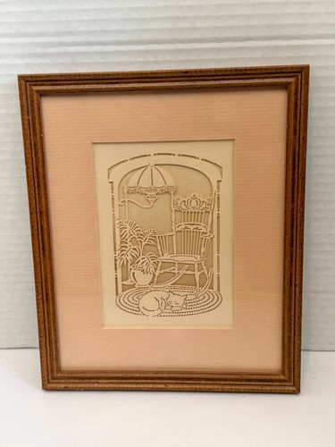 Vintage Scherenschnitte Paper Cut Artwork,Rocking Chair,Sleeping Cat,Grandmacore