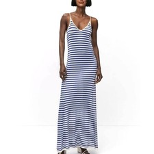 MNG White & Blue Striped Fine Knit V-Neck Thin Straps Maxi Stretch Dress XXS